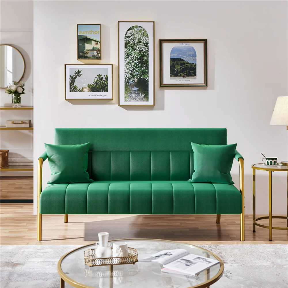 Costoffs Velvet Fabric Sofa Couch, 56.5″ W Modern Loveseat Couch with Gold-tone Metal Arms, Legs & 2 Pillows, Sofa for Living Room, Bedroom Furniture, Pink\u002FGreen\u002FGray