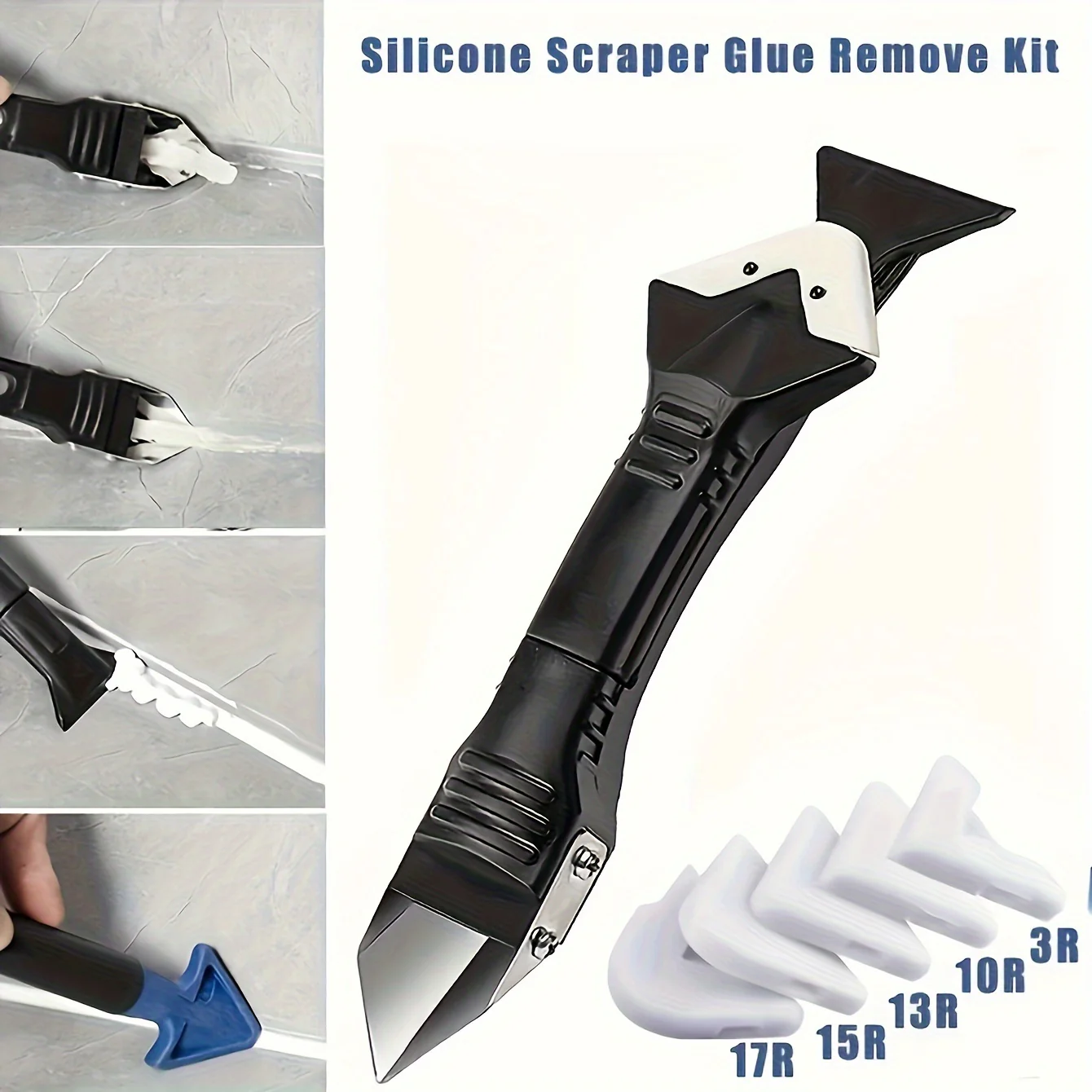 3 Sets, 5-in-1 Multi-Functional Silicone Cleaning Scraper Tool - Grout, Glue, Caulk, Glass, and Sticker Remover for Living Room, Cars, Windows, Cooktops - 5 Replaceable Heads Included