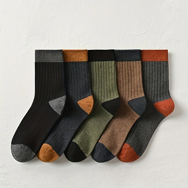 Cotton Socks 5 Pairs Pure Cotton Men's Crew Socks | Mid-Length, Solid Color, Heel Protection, Soft & Breathable | for Spring and Fall, Cute Socks