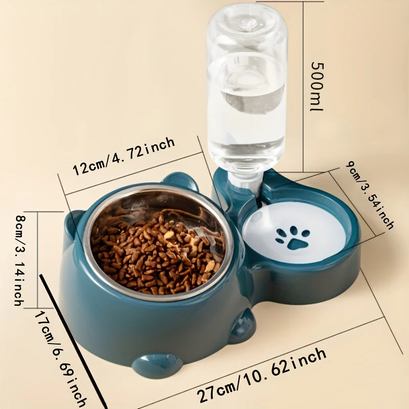 2-in-1 Automatic Pet Feeder & Water Dispenser, Stainless Steel & Plastic, Non-Slip Base, Dual Bowls with Paw Print Design for Cats and Small Dogs, No Batteries or Power Needed, Dog Feeder And Water Dispenser